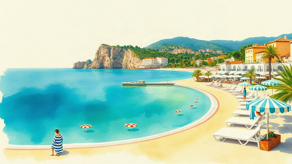 Antibes beaches vintage travel poster: sandy cove with striped parasols and Cap d'Antibes